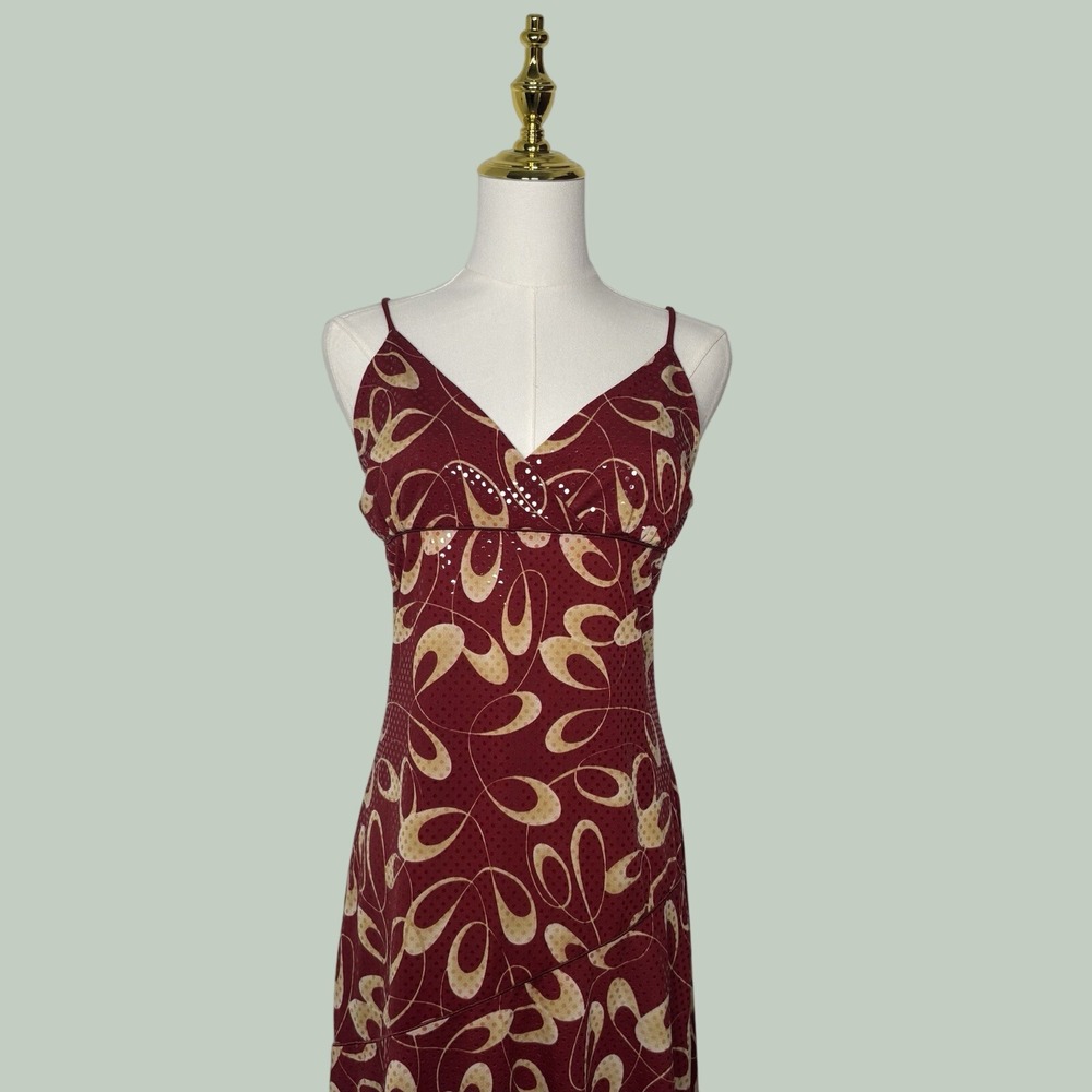 VTG marie y2k red & cream oval pattern midi dress flowy 2000s 1990s sparkle chic
